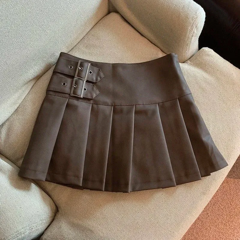 Y2K Pu Leather Mini Skirt Women Vintage High Waist Pleated Skirts Streetwear Korean Black Slim Casual A Line Skirts
