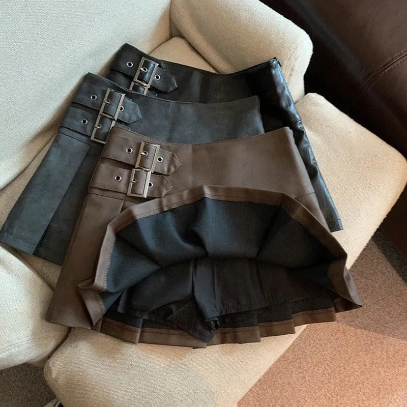 Y2K Pu Leather Mini Skirt Women Vintage High Waist Pleated Skirts Streetwear Korean Black Slim Casual A Line Skirts