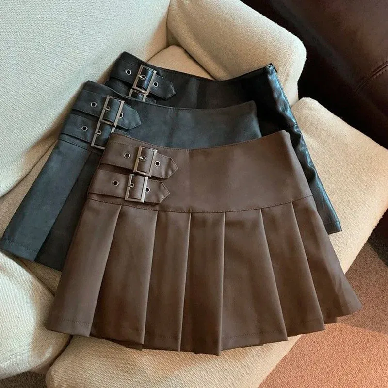 Y2K Pu Leather Mini Skirt Women Vintage High Waist Pleated Skirts Streetwear Korean Black Slim Casual A Line Skirts